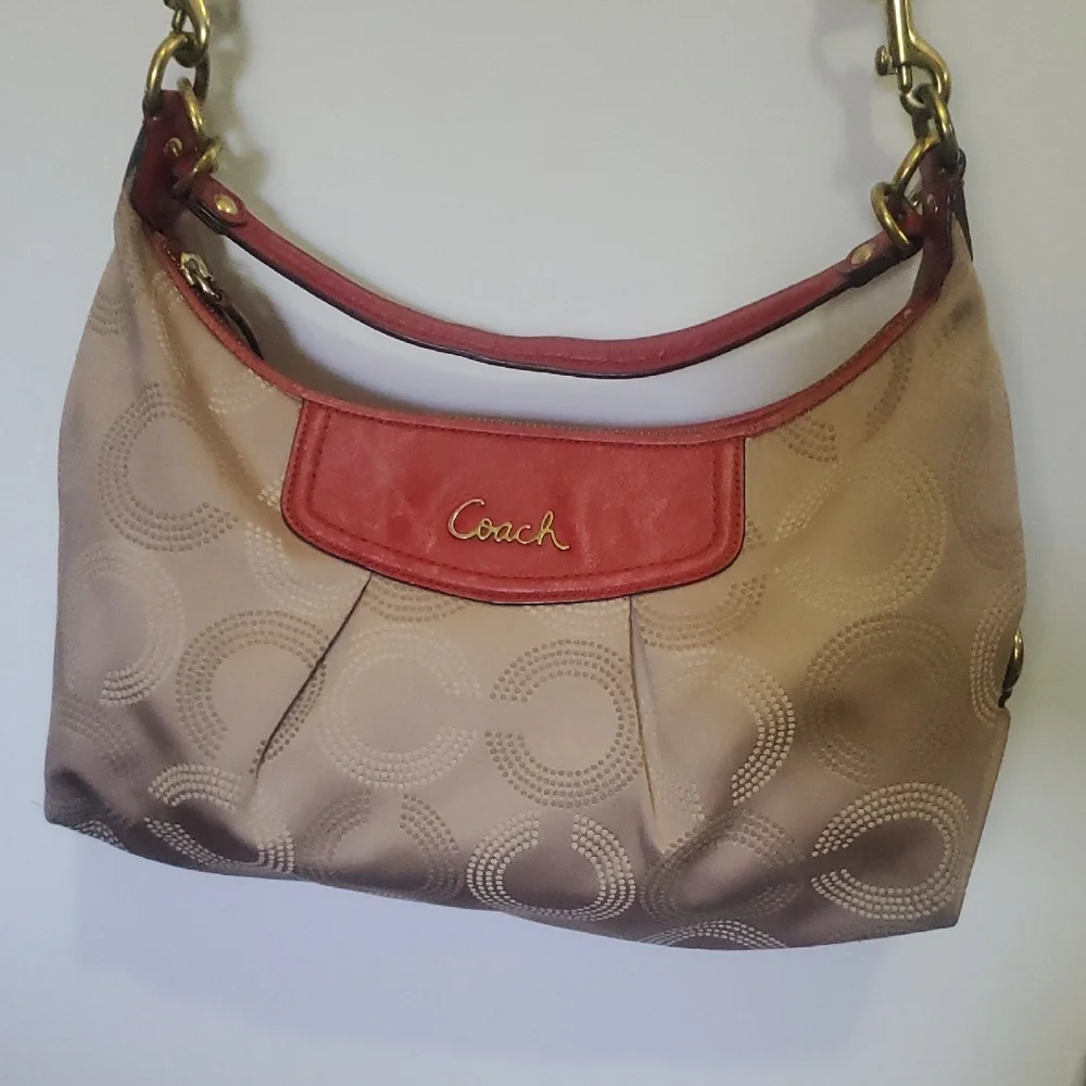 Coach Ashley Dotted Op Convertible Tan Red Bag Signature C Detail Sze 14.5 X 9.5